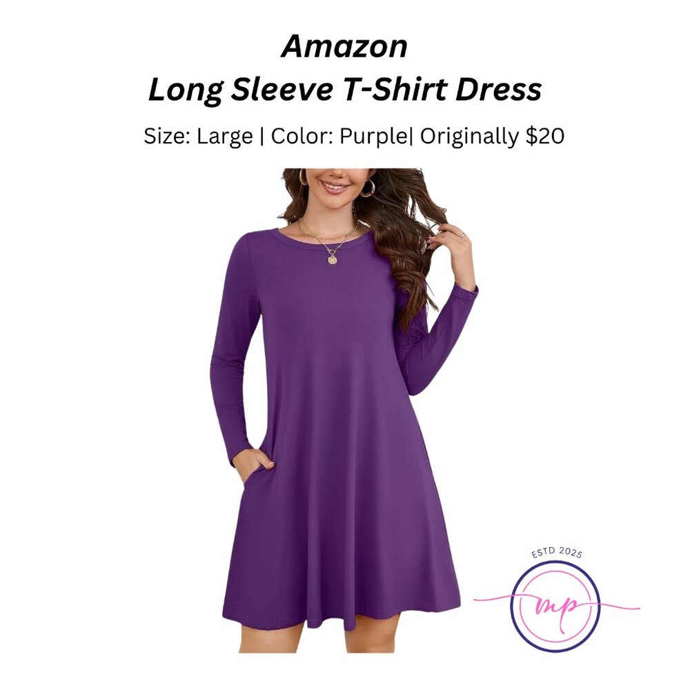 ✨ Amazon Purple Long Sleeve T-Shirt Dress - Size L - Like New! 🌟